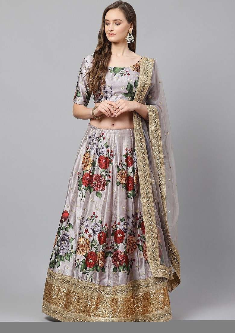 Grey Embellished Blended Lehenga Choli - Indya