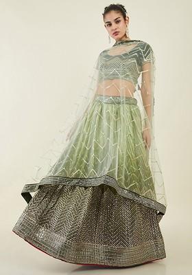 Green Embellished Blended Lehenga Choli