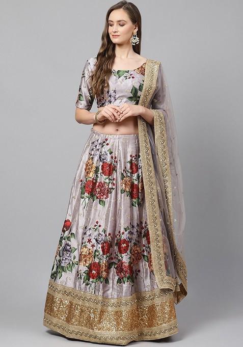 Grey Printed Blended Lehenga Choli — view on Indya
