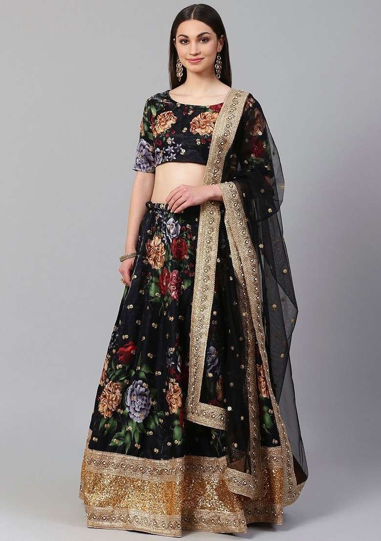 Black Printed Blended Lehenga Choli - Indya
