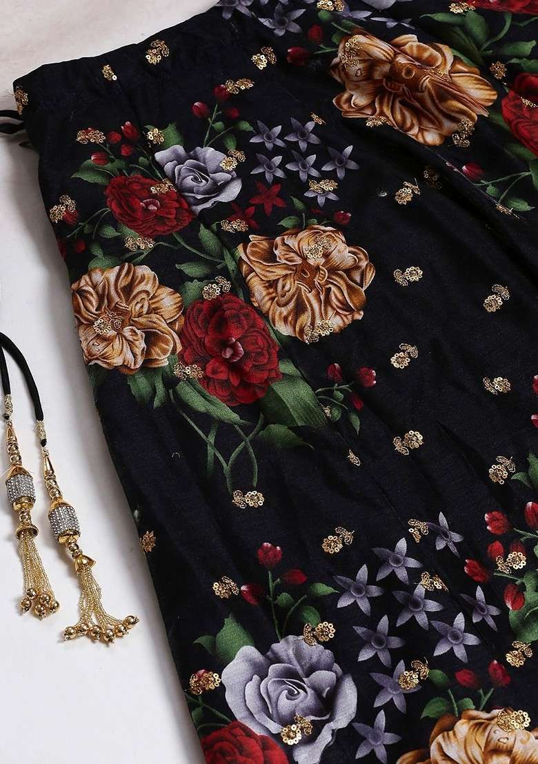 Black Printed Blended Lehenga Choli - Indya