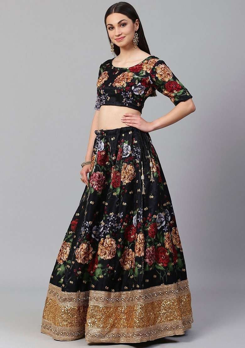 Black Printed Blended Lehenga Choli - Indya