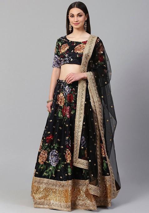 Black Printed Blended Lehenga Choli — view on Indya