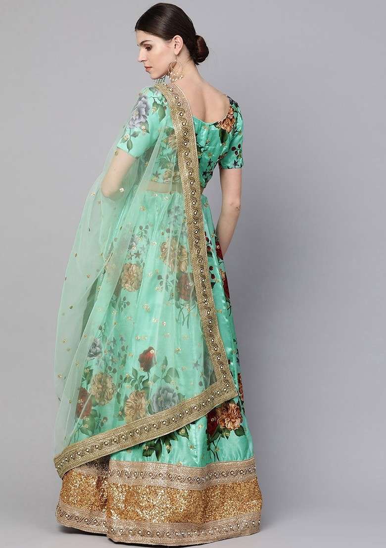 Green Printed Blended Lehenga Choli - Indya