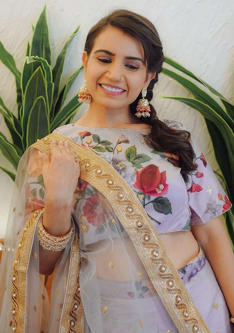 Grey Printed Blended Lehenga Choli - Indya