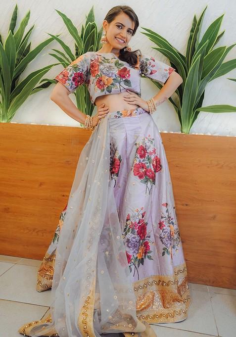 Grey Printed Blended Lehenga Choli — view on Indya