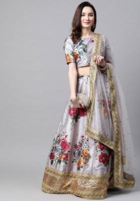 Grey Printed Blended Lehenga Choli