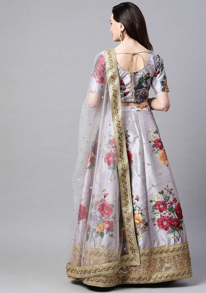 Grey Printed Blended Lehenga Choli - Indya