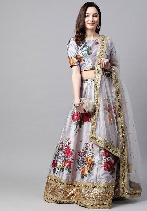 Grey Printed Blended Lehenga Choli — view on Indya
