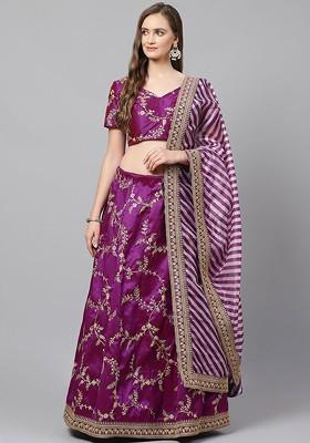 Purple Emboridered Blended Lehenga Choli