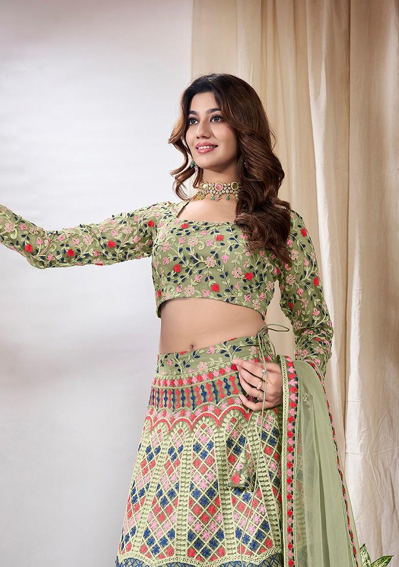 Green Emboridered Blended Lehenga Choli - Indya