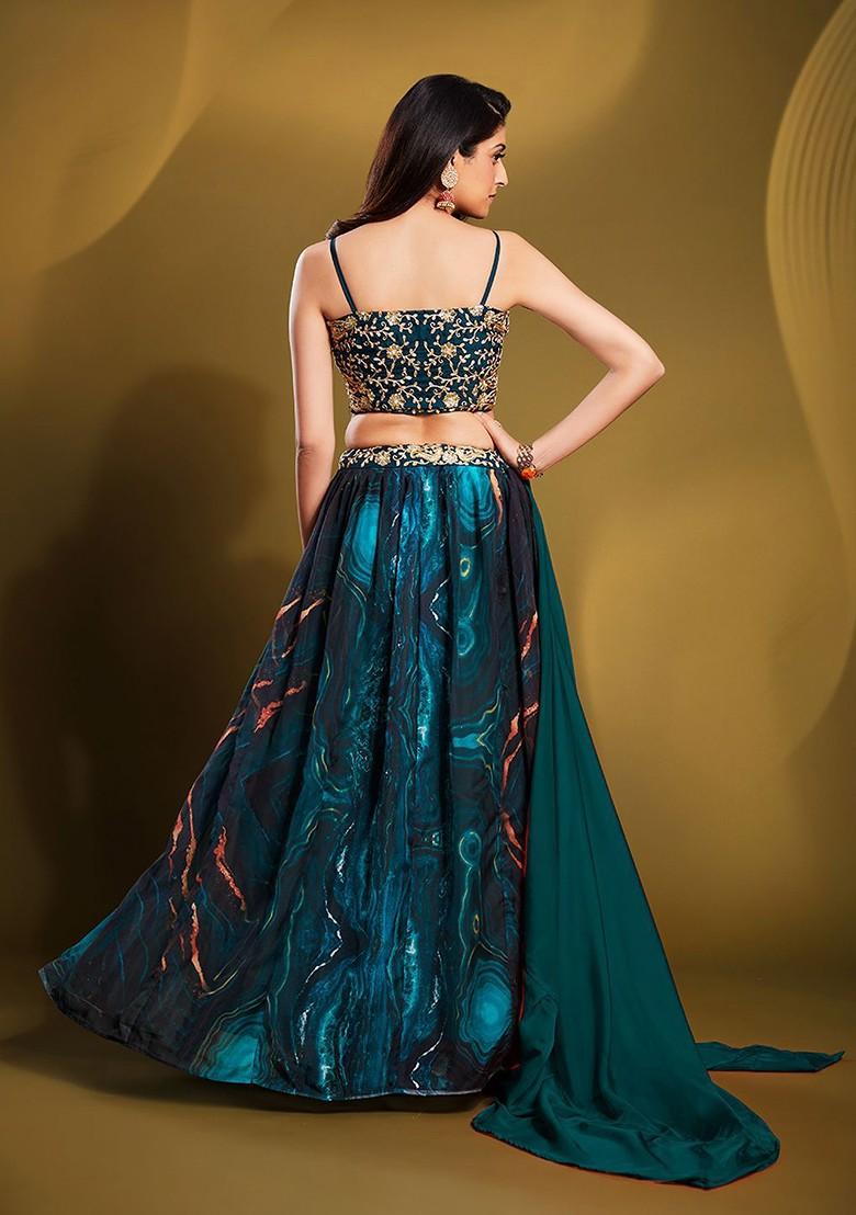 Green Emboridered Blended Lehenga Choli - Indya