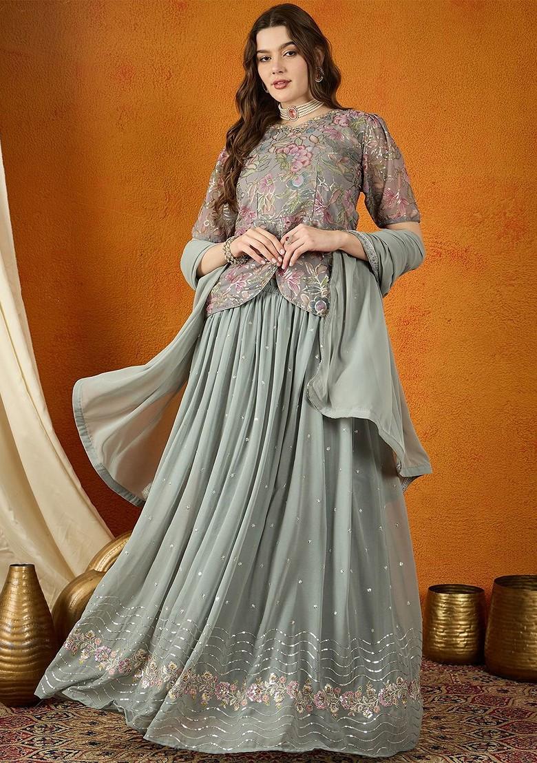 Grey Emboridered Blended Lehenga Choli - Indya