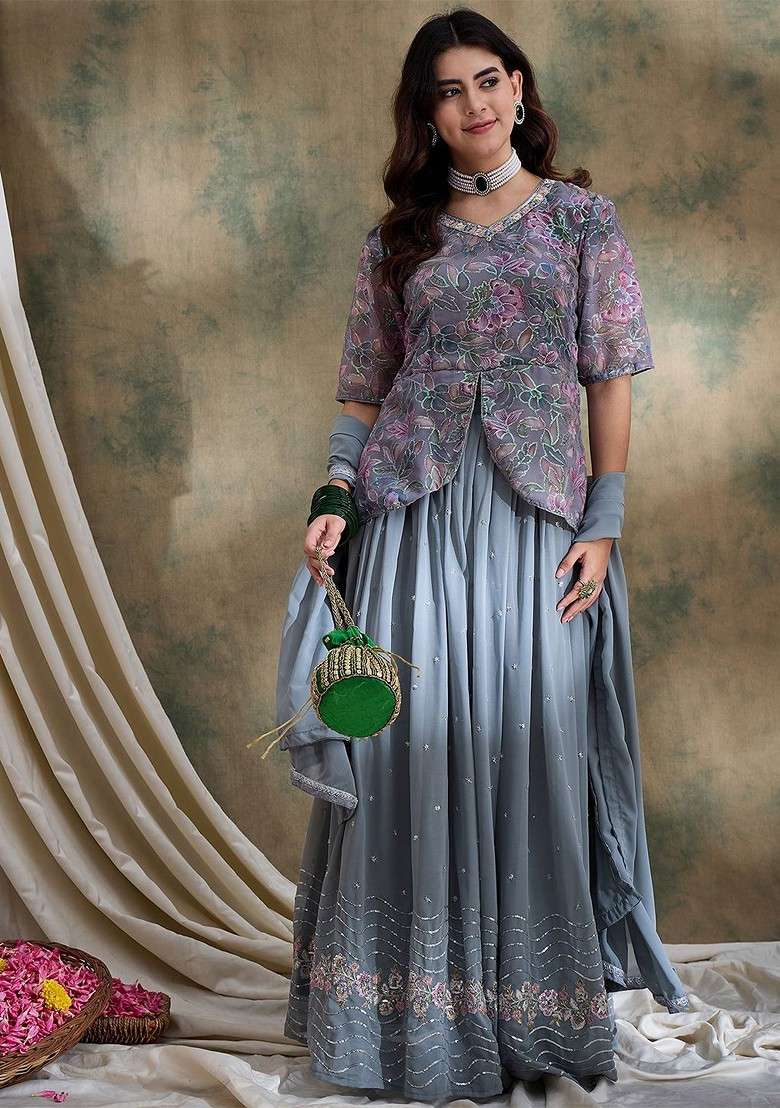 Grey Emboridered Blended Lehenga Choli - Indya