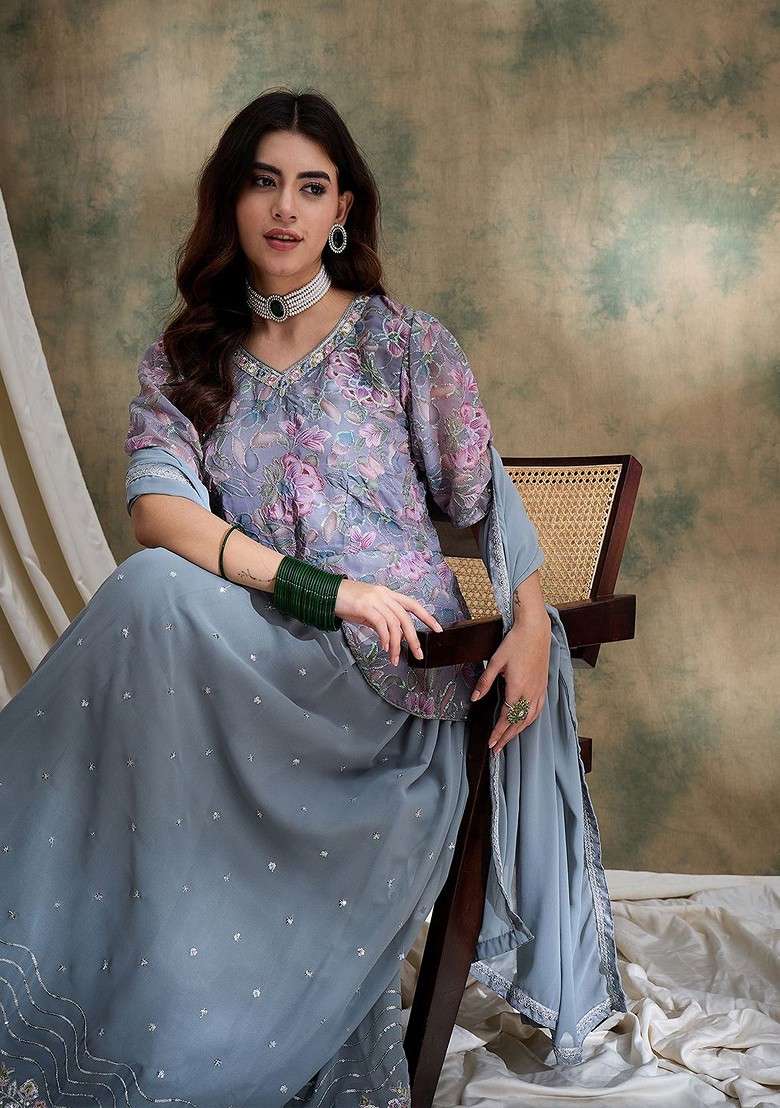 Grey Emboridered Blended Lehenga Choli - Indya