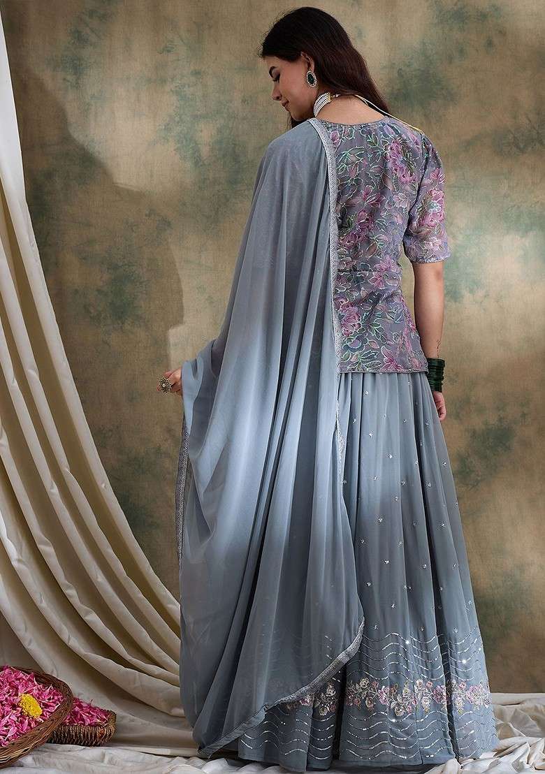 Grey Emboridered Blended Lehenga Choli - Indya