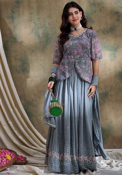 Grey Emboridered Blended Lehenga Choli