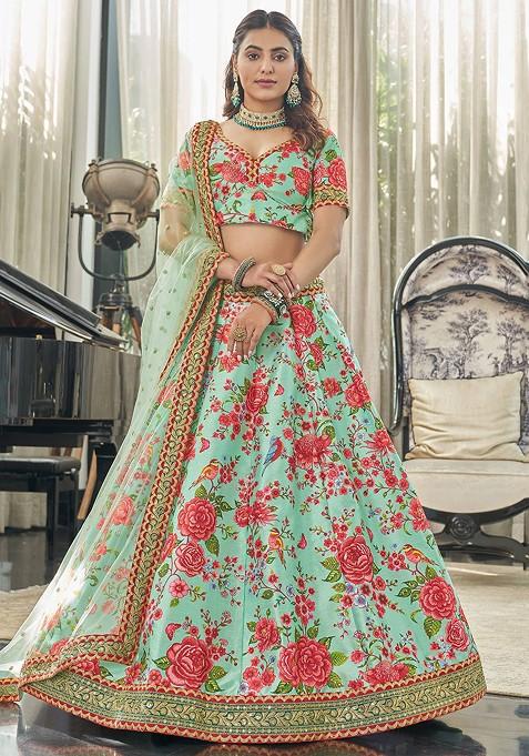 Sea Green Printed Blended Lehenga Choli — view on Indya