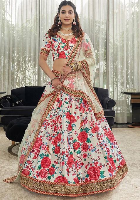 White Printed Blended Lehenga Choli — view on Indya