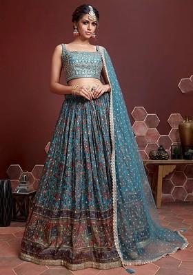Blue Embellished Blended Lehenga Choli