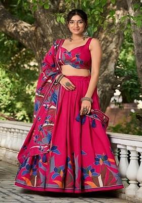 Pink Printed Blended Lehenga Choli