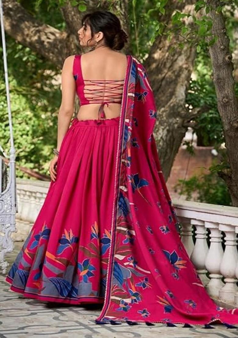 Pink Printed Blended Lehenga Choli - Indya