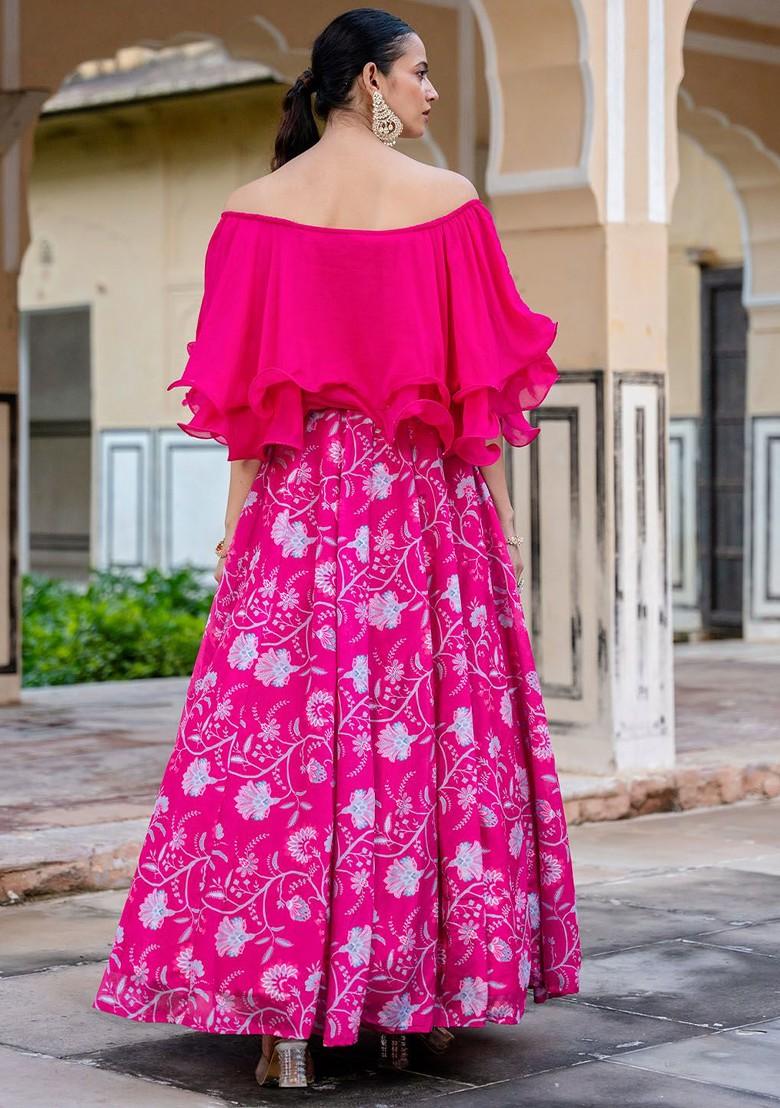 Pink Printed Blended Lehenga Choli - Indya