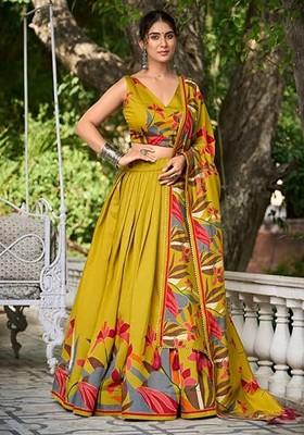 Yellow Printed Blended Lehenga Choli