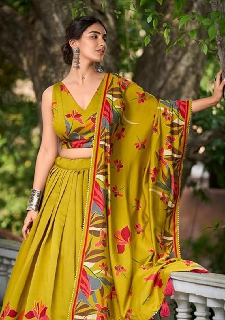 Yellow Printed Blended Lehenga Choli - Indya