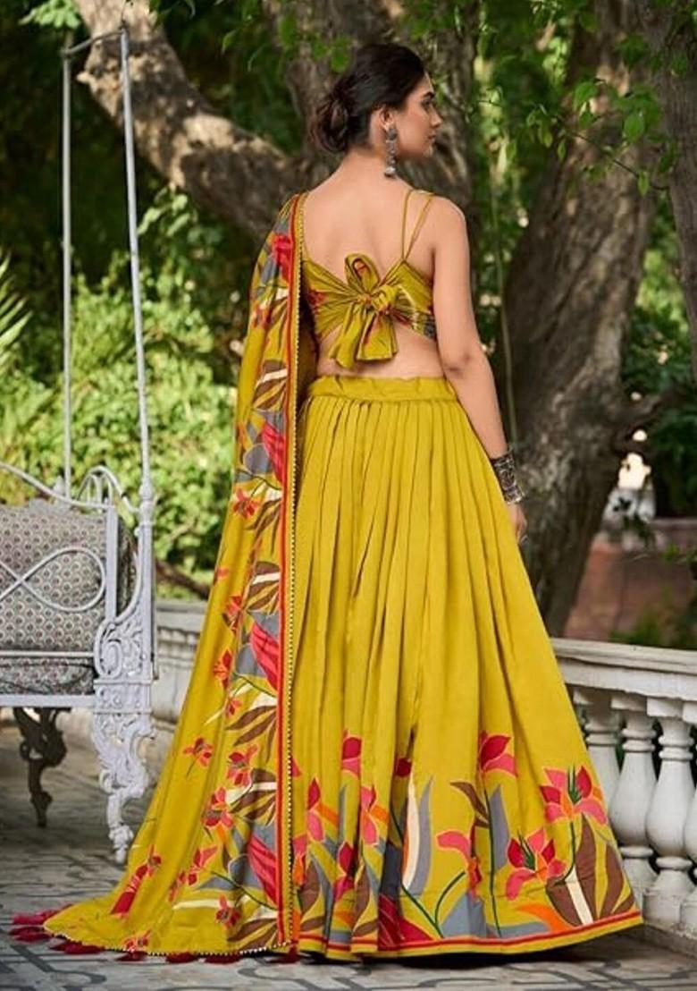 Yellow Printed Blended Lehenga Choli - Indya