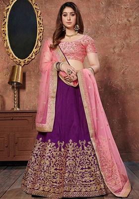 Purple Emboridered Blended Lehenga Choli