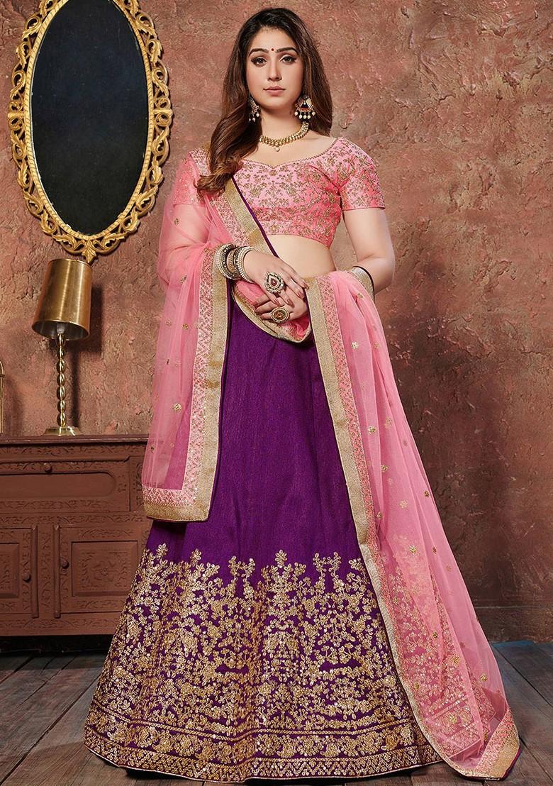 Purple Emboridered Blended Lehenga Choli - Indya