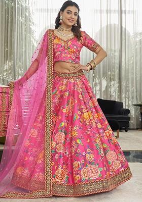 Pink Printed Blended Lehenga Choli