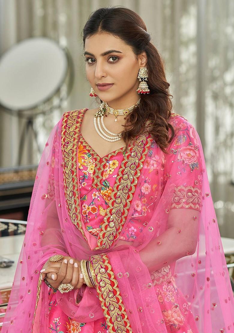 Pink Printed Blended Lehenga Choli - Indya