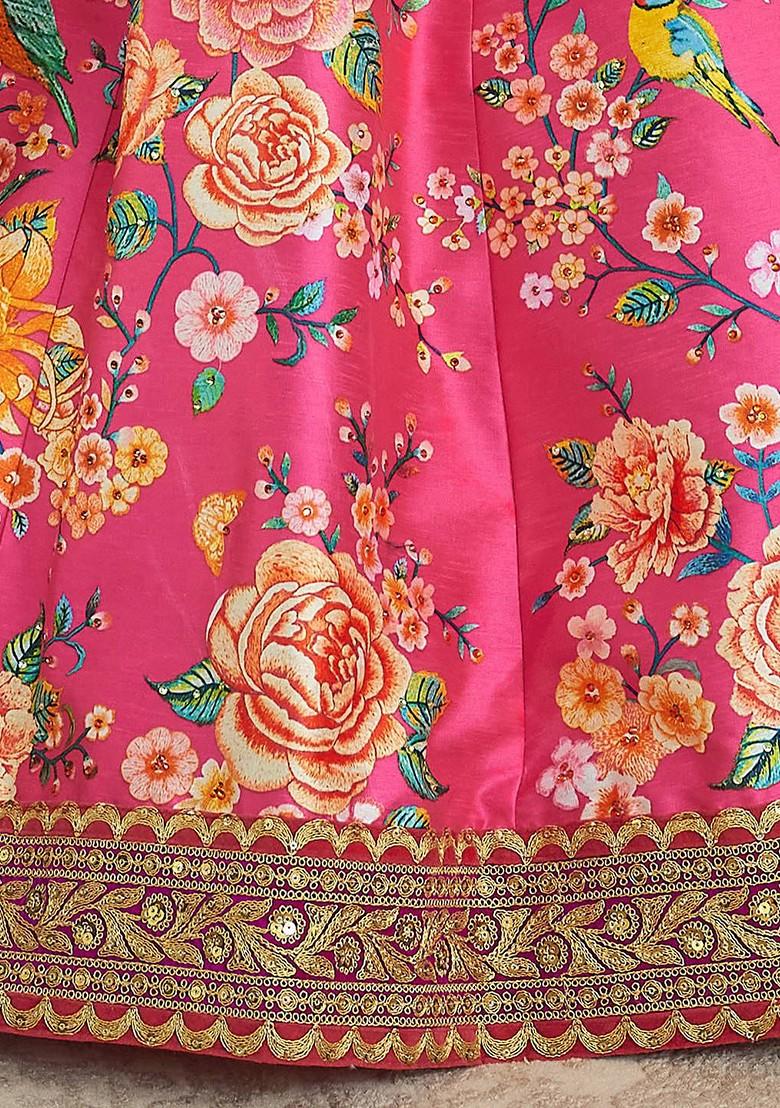 Pink Printed Blended Lehenga Choli - Indya