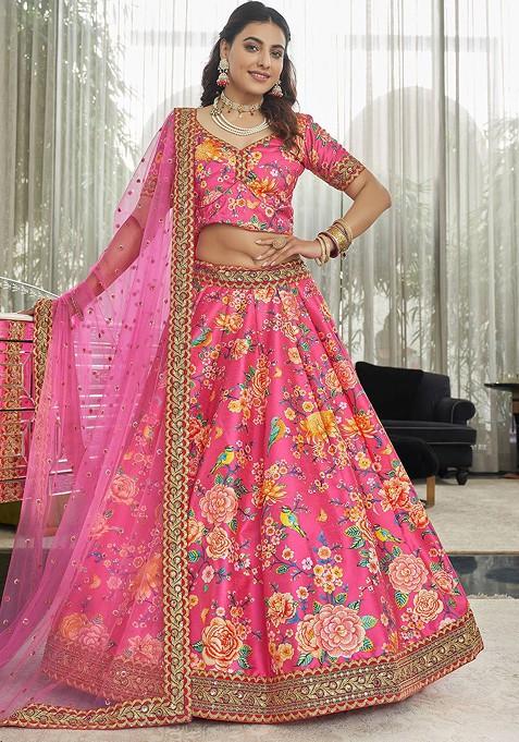 Pink Printed Blended Lehenga Choli — view on Indya