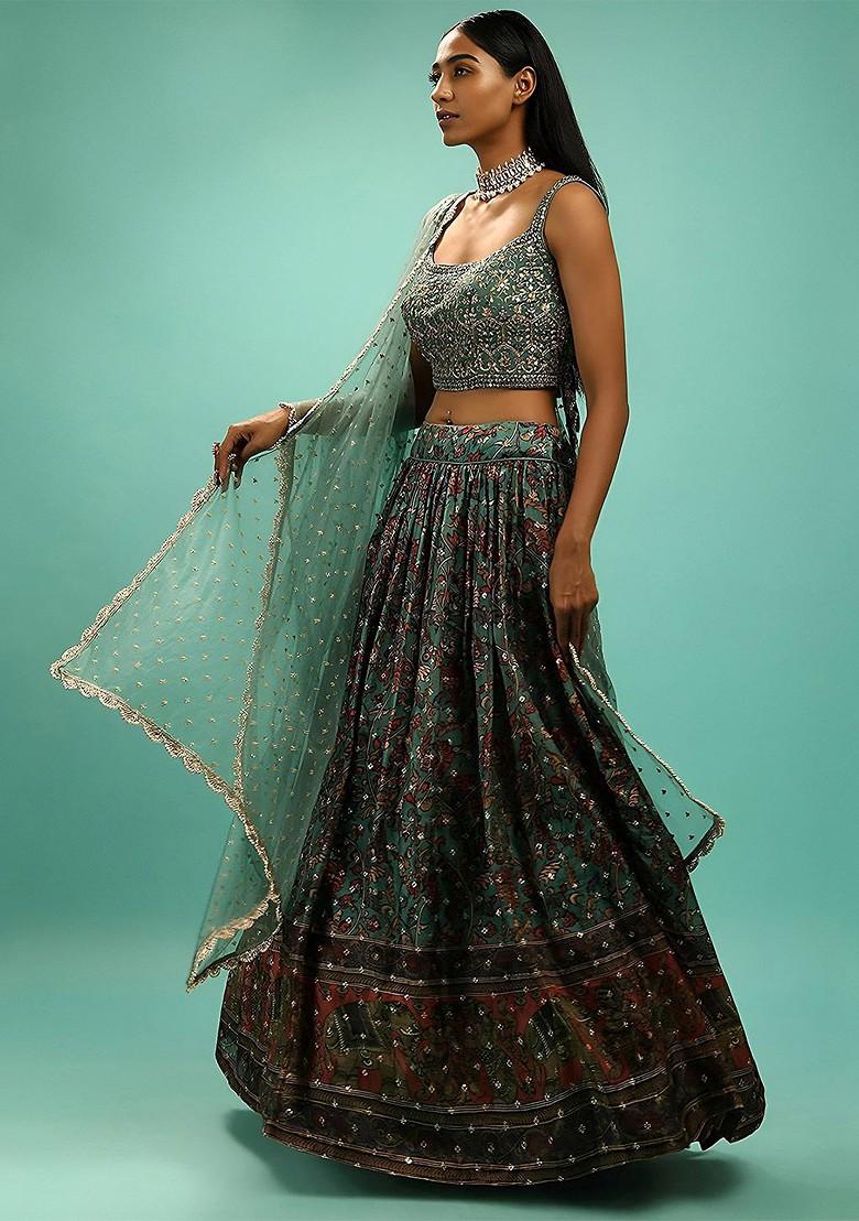 Green Embellished Blended Lehenga Choli - Indya