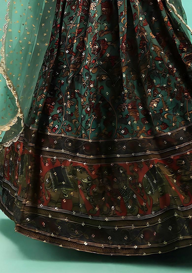 Green Embellished Blended Lehenga Choli - Indya