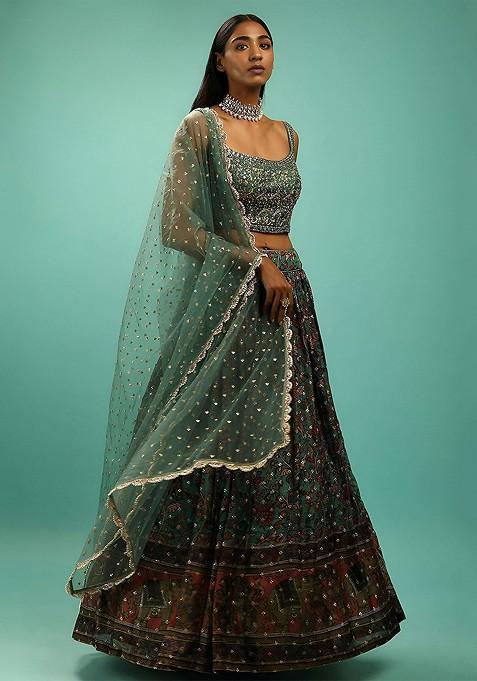 Green Embellished Blended Lehenga Choli — view on Indya