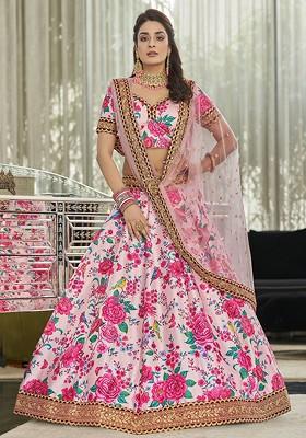 Pink Printed Blended Lehenga Choli