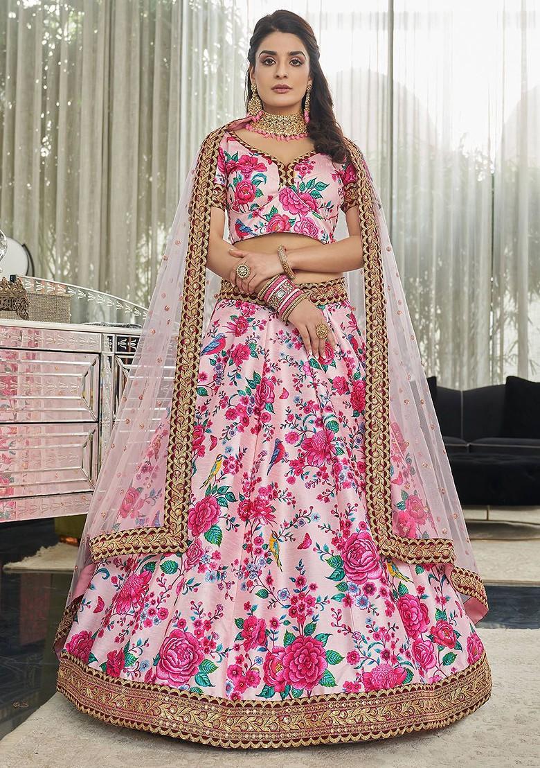 Pink Printed Blended Lehenga Choli - Indya