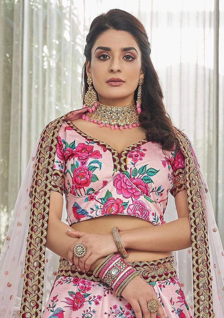 Pink Printed Blended Lehenga Choli - Indya