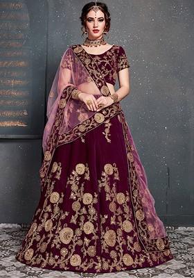 Purple Emboridered Blended Lehenga Choli