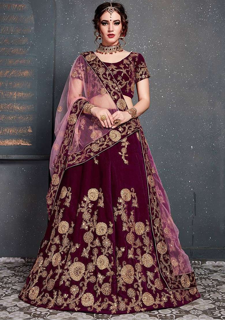 Purple Emboridered Blended Lehenga Choli - Indya