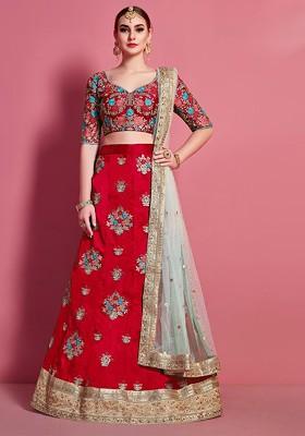 Red Emboridered Blended Lehenga Choli
