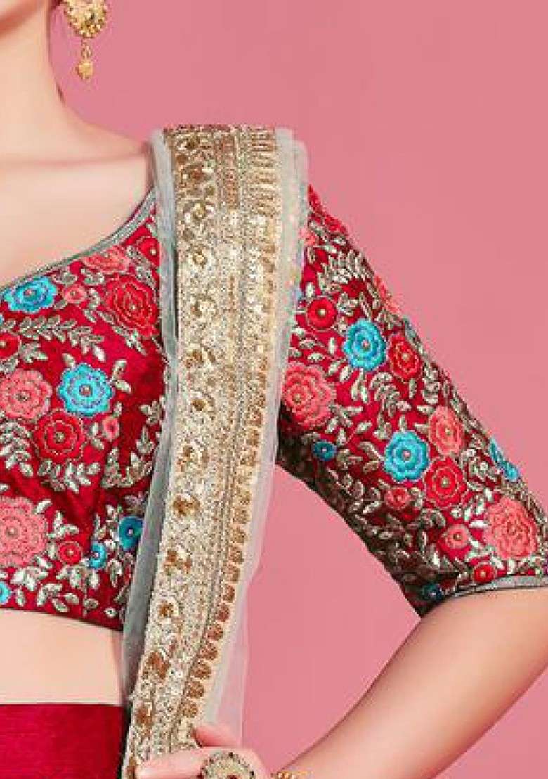 Red Emboridered Blended Lehenga Choli - Indya