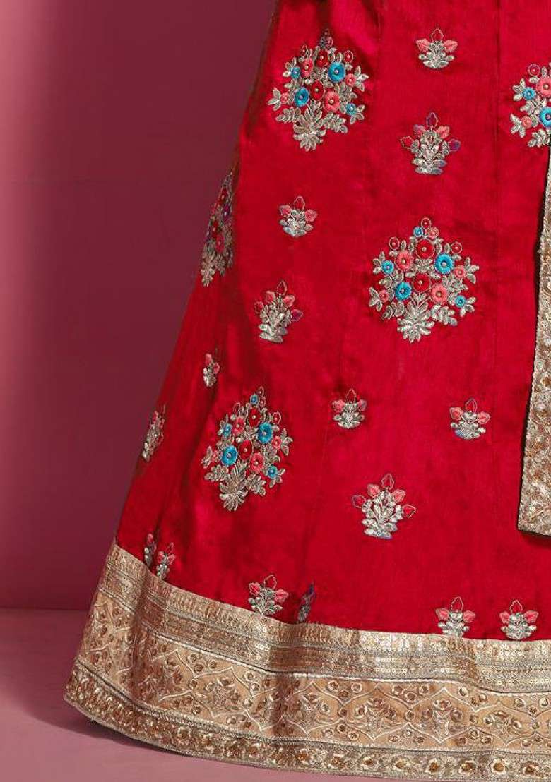 Red Emboridered Blended Lehenga Choli - Indya