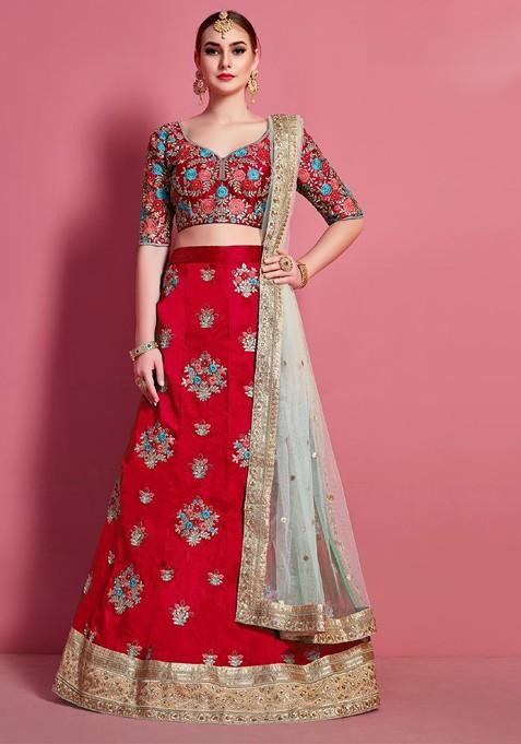 Red Emboridered Blended Lehenga Choli — view on Indya
