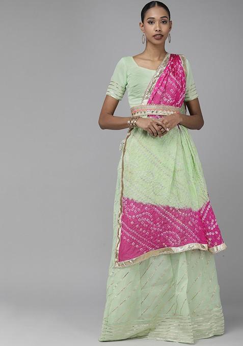 Green Embellished Blended Lehenga Choli — view on Indya