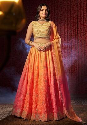 Orange Emboridered Blended Lehenga Choli